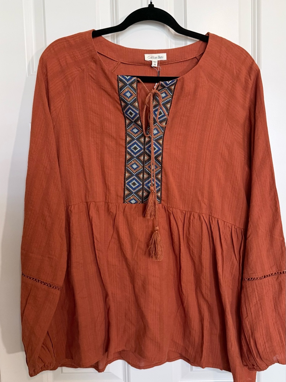 100% Cotton Cotton Bleu Rust Embroidered Peasant Top NWT